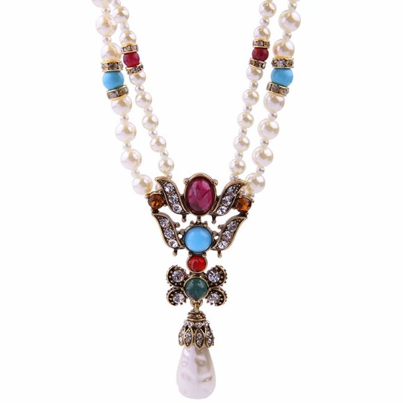 Short Beads Chain Pearls Chrystal Gems Necklace - Picture 2 of 8